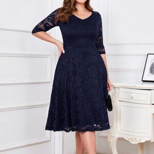 Navy Lace V‑Neck Fit & Flare Midi Dress
